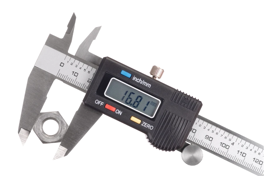 Floating caliper measuring a small metal part