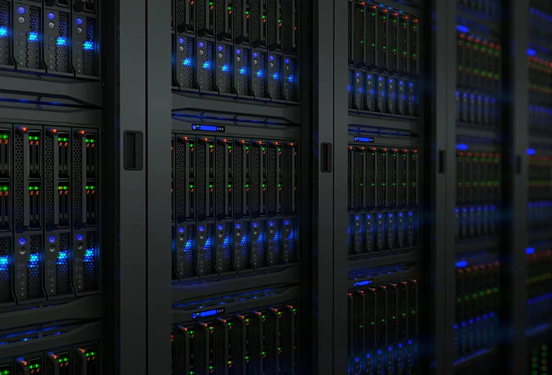 dark data center with server racks loaded with equipment