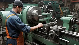 man in machine shop working a manual lathe